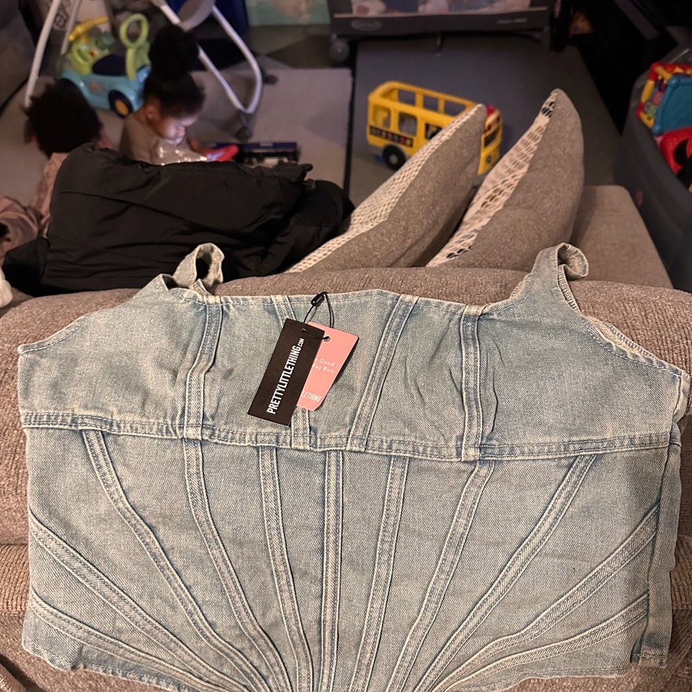 PrettyLittleThing Denim Corset Top in Light Blue